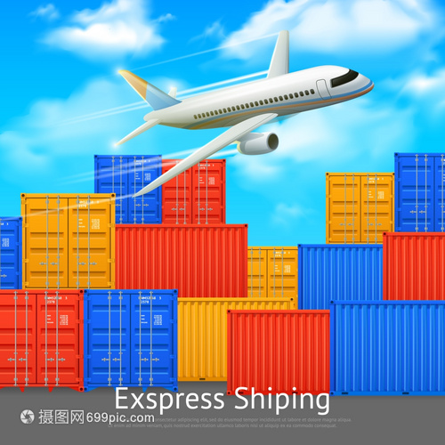 快遞貨運(yùn)集裝箱海報快遞海報與同顏色的貨物集裝箱露天儲存飛機(jī)矢量插圖
